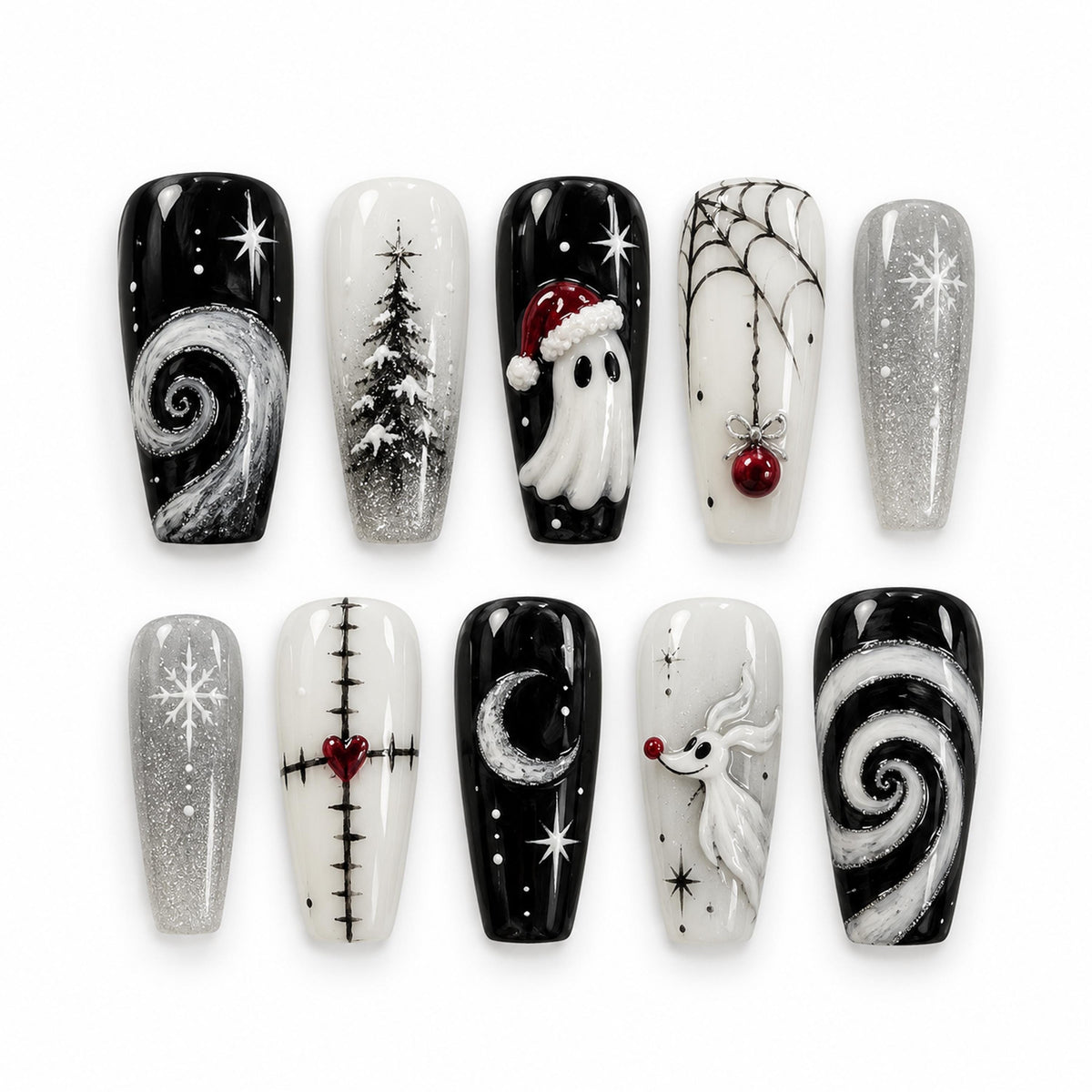 Gothic Christmas Press-On Nails with a Ghost, Snowflakes and Silver Glitter