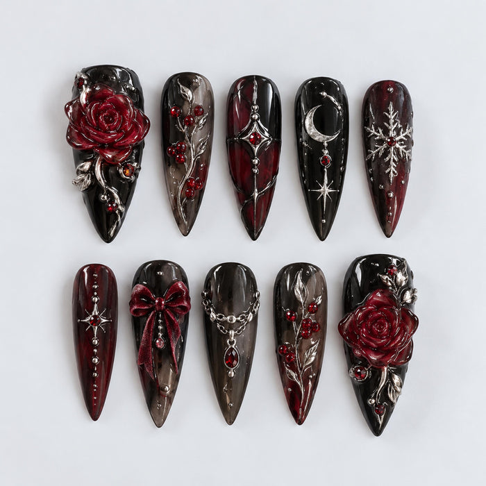 Gothic Christmas Press-On Nails With Red Roses, Ruby Gems, and Silver Celestial Details