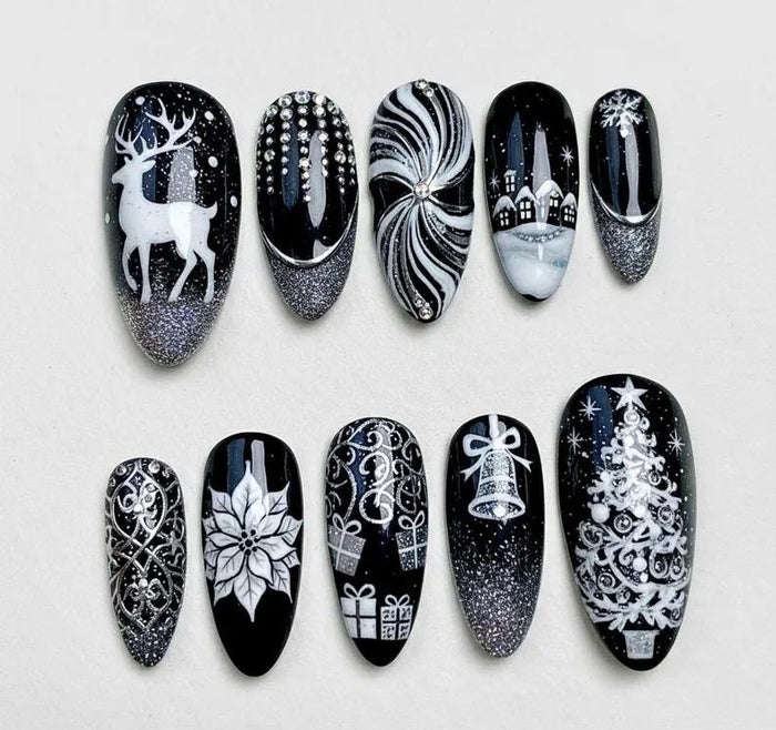 Gothic Christmas Press On Nails With Silver Glitter, Reindeer and Winter Scenes