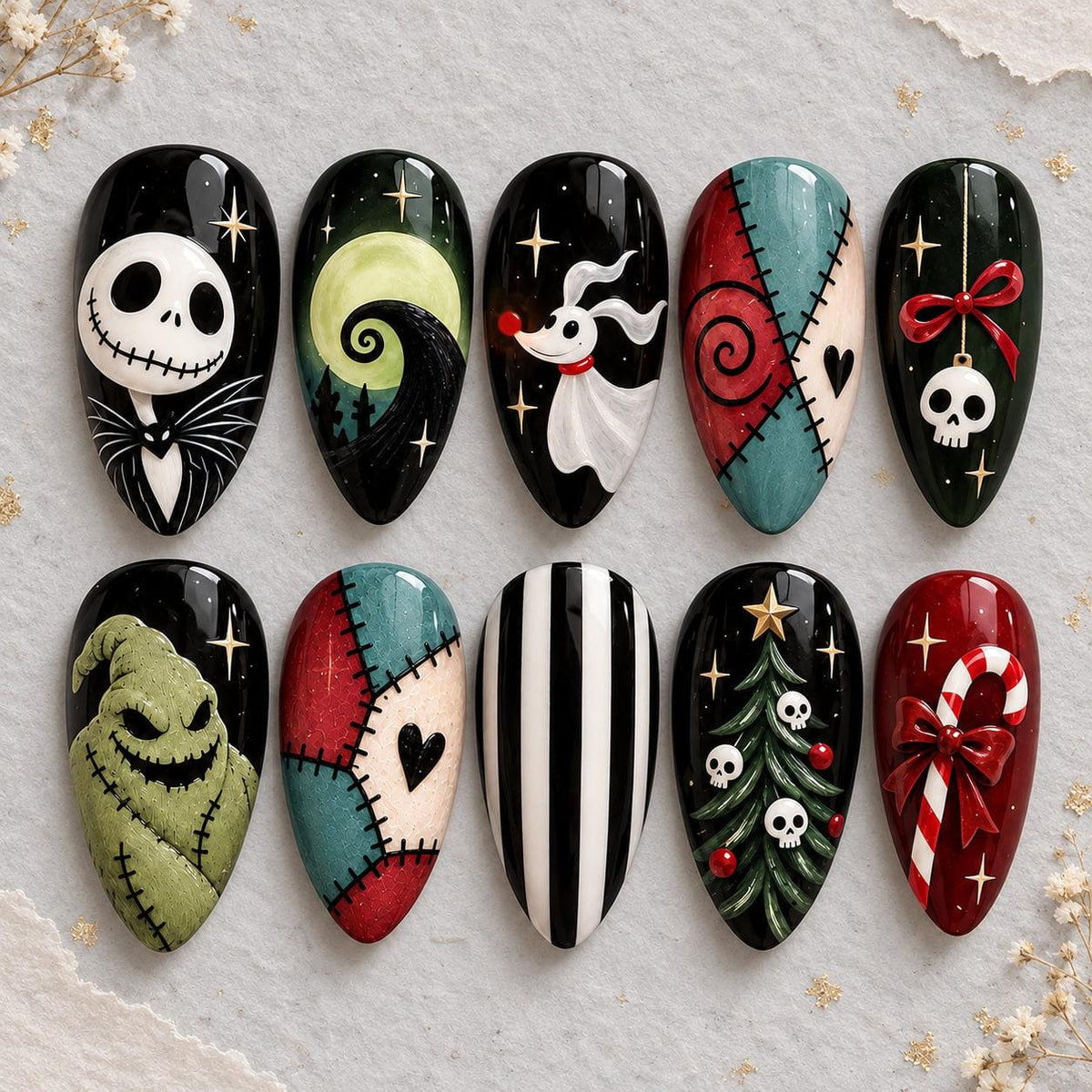 Gothic Christmas Press On Nails With Skeleton, Ghost, Patchwork and Candy Cane Art
