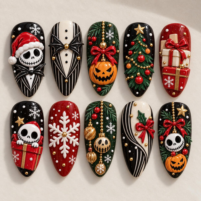 Gothic Christmas Press On Nails with Skeletons, Pumpkins, Trees, and Raised Holiday Details