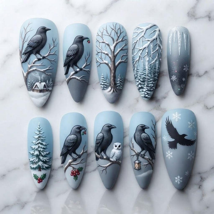 Gothic Christmas Raven and Snowy Forest Press On Nails in Icy Blue Gray