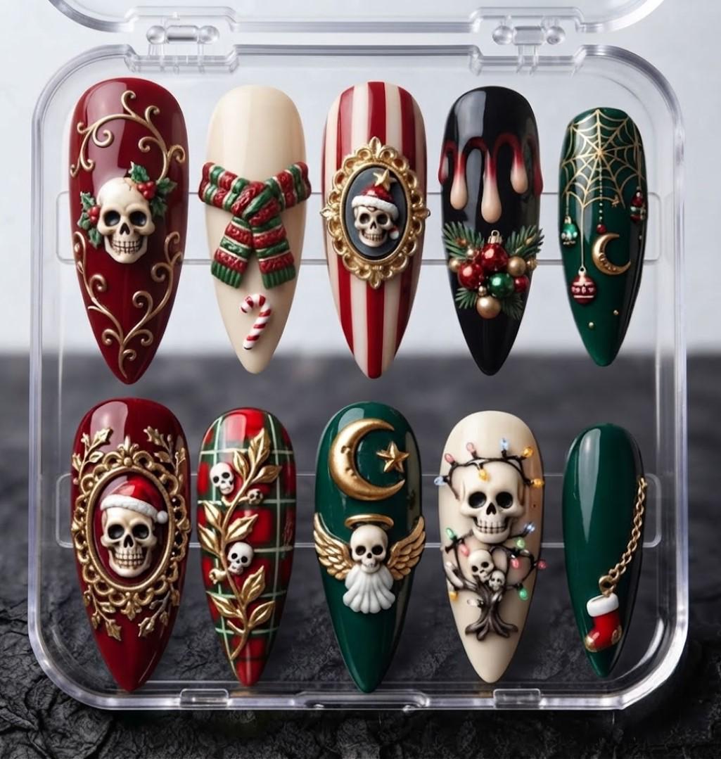 Gothic Christmas Skull Press-On Nails With Gold Filigree