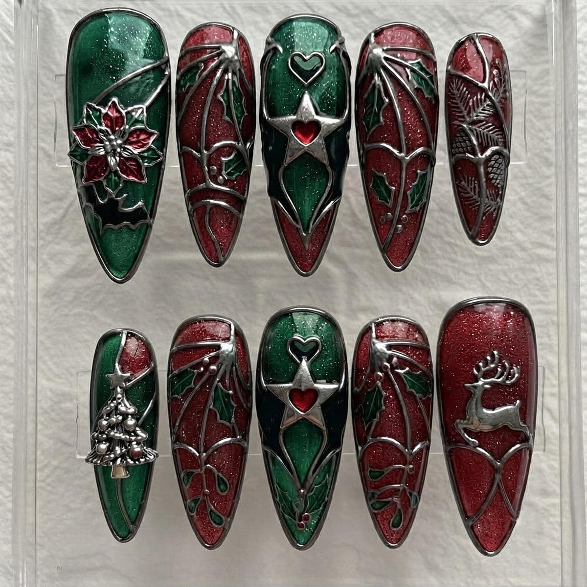 Gothic Christmas Stained Glass Press On Nails in Ruby Red and Emerald Green
