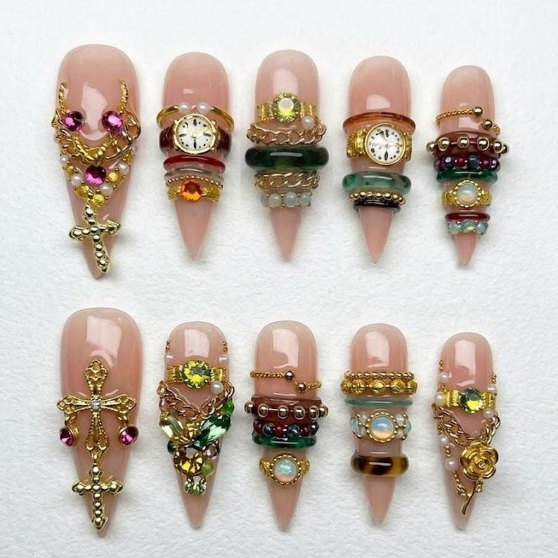 Gothic Clock Charm Press On Nails with Gold Filigree and Colorful Rhinestones