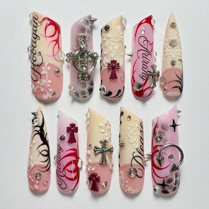 Gothic Coquette Press On Nails With Cross Charms, Rhinestones and Baroque Details