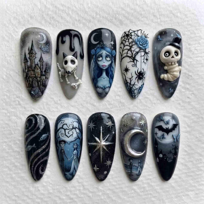 Gothic Corpse Bride Halloween Press On Nails With Skeleton Dog, Haunted Castle, Bats and Moonlit Skies