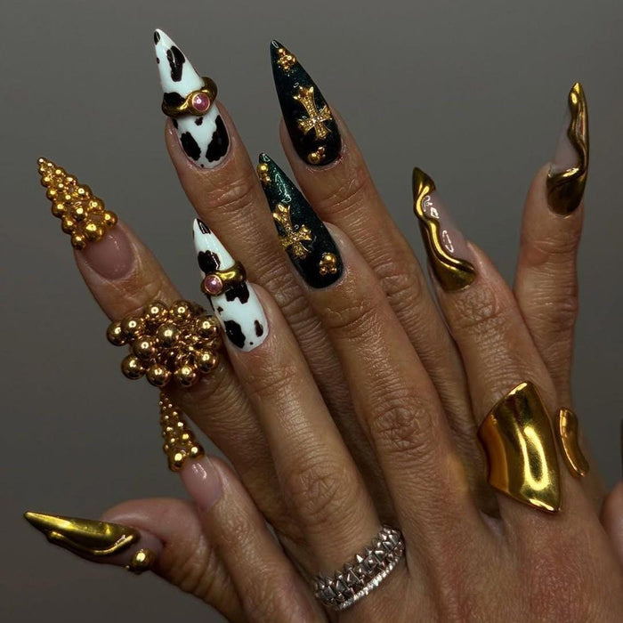 Gothic Cow Print Press On Nails With Black, Gold, Nude Pink and 3D Embellishments