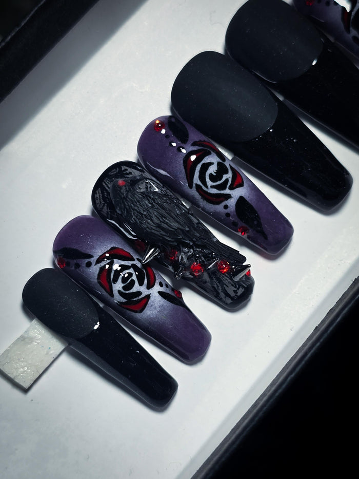 Gothic Crow and Rose Press On Nail Set in Black, Purple, and Red