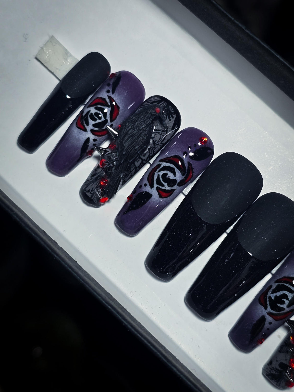 Gothic Crow and Rose Press On Nail Set in Black, Purple, and Red