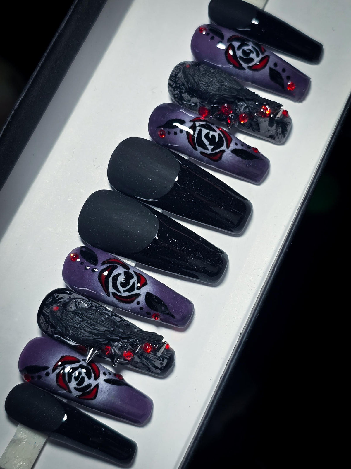 Gothic Crow and Rose Press On Nail Set in Black, Purple, and Red