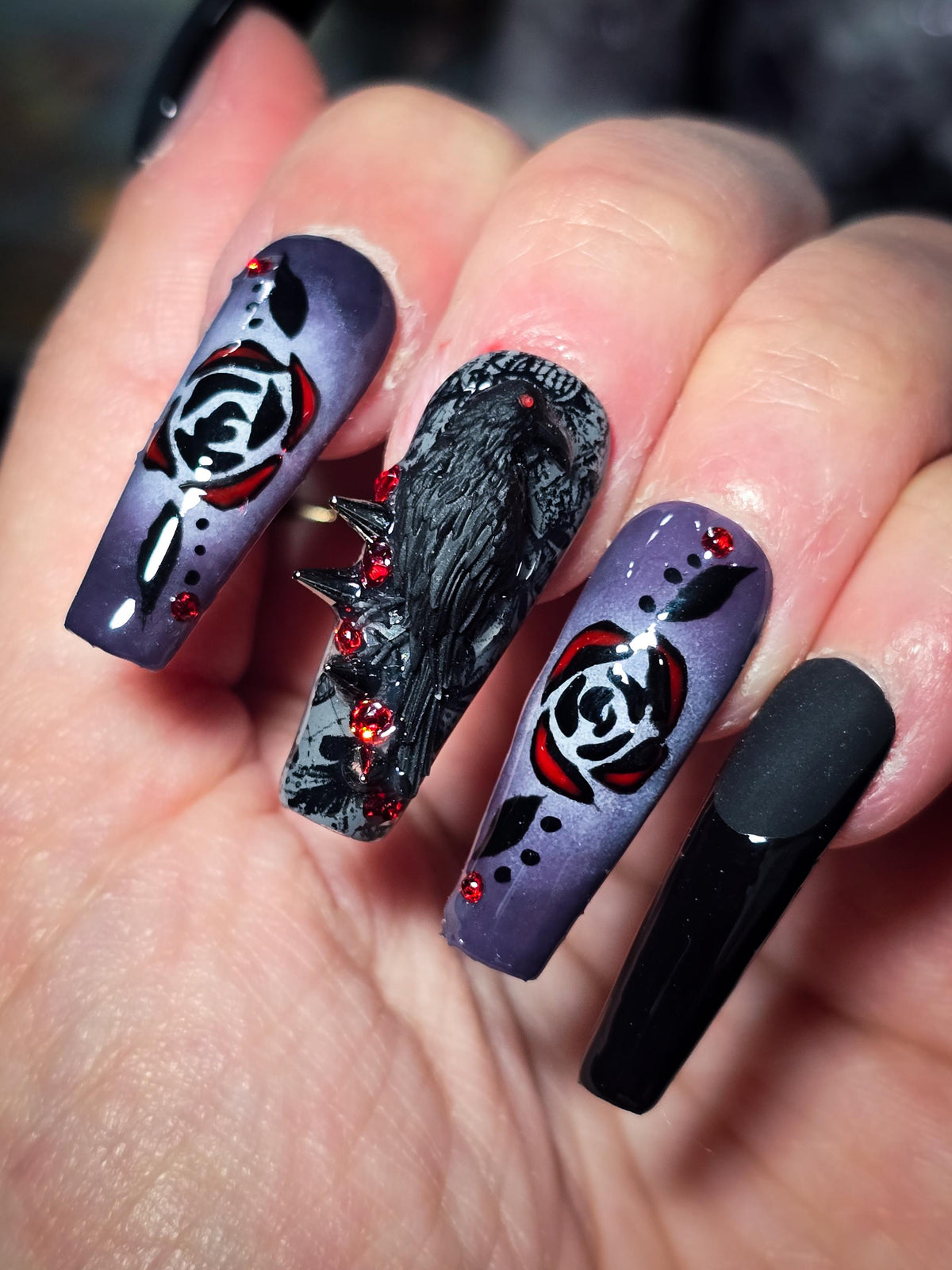 Gothic Crow and Rose Press On Nail Set in Black, Purple, and Red