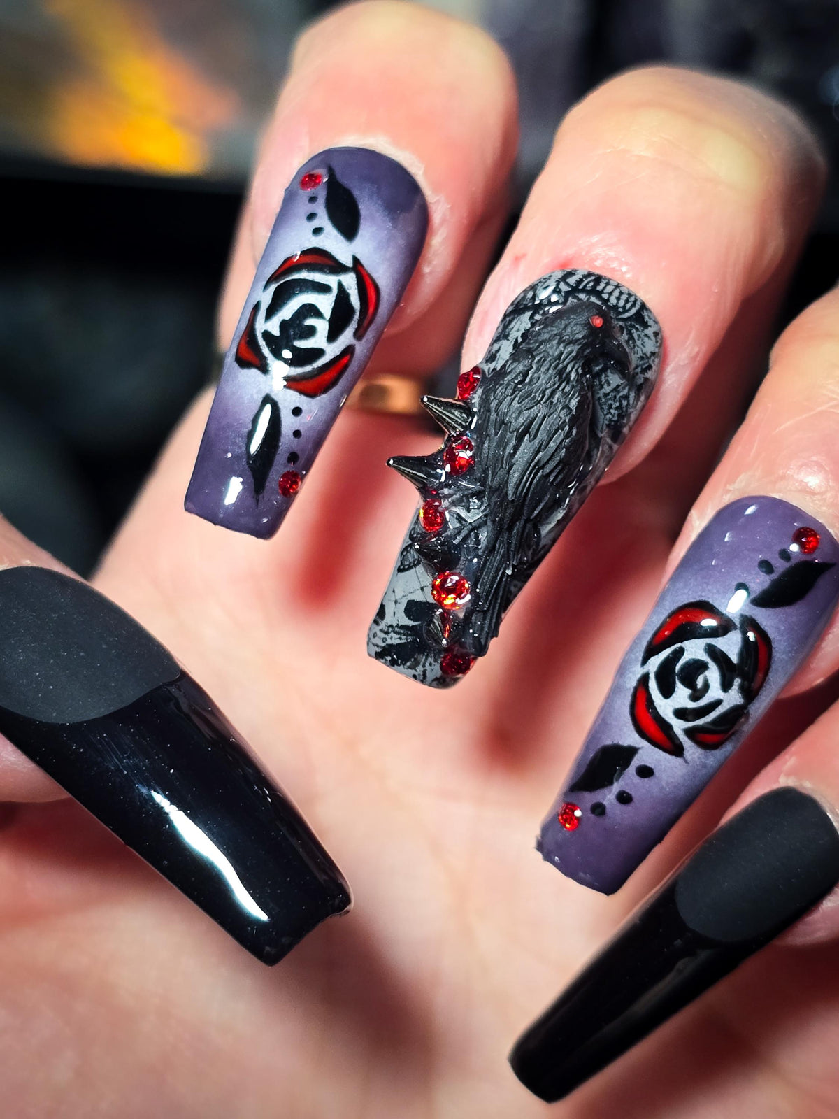 Gothic Crow and Rose Press On Nail Set in Black, Purple, and Red