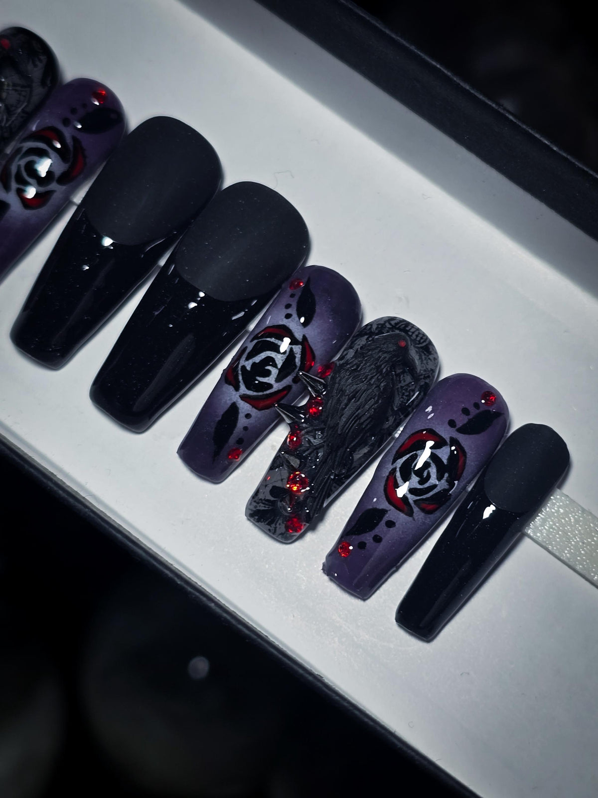 Gothic Crow and Rose Press On Nail Set in Black, Purple, and Red