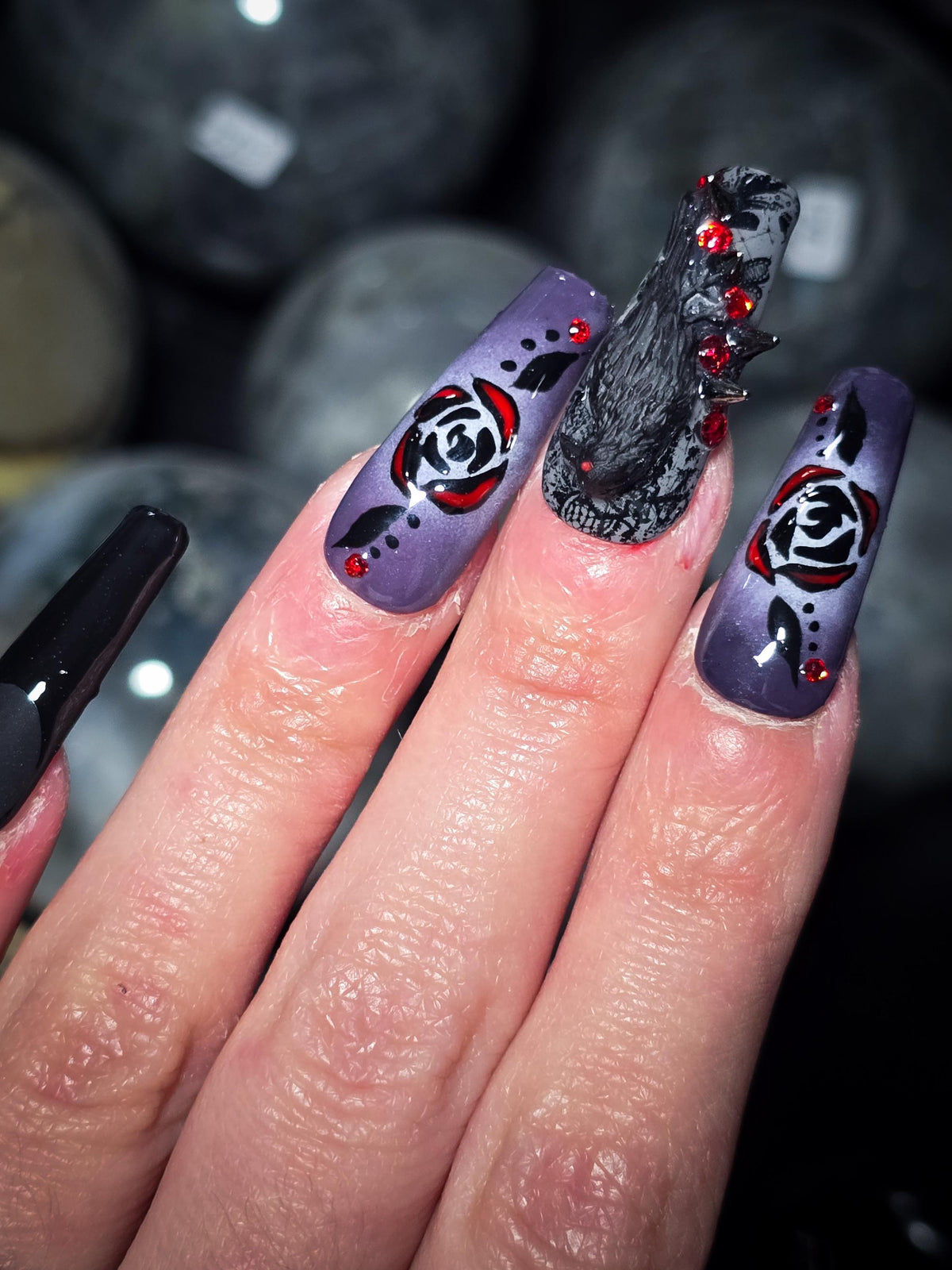 Gothic Crow and Rose Press On Nail Set in Black, Purple, and Red