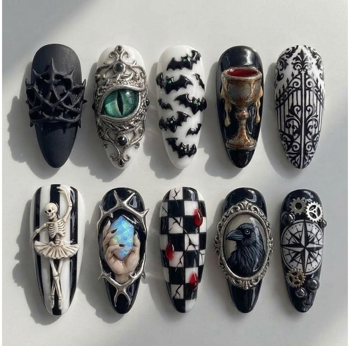 Gothic Dark Fantasy Press-On Nails With Dragon Eye, Bats, Raven, and Silver-Toned Details