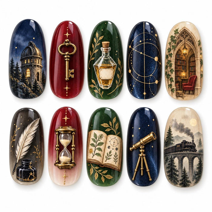 Gothic Fantasy Press On Nail Set With Painted Keys, Potion Bottles and Celestial Details