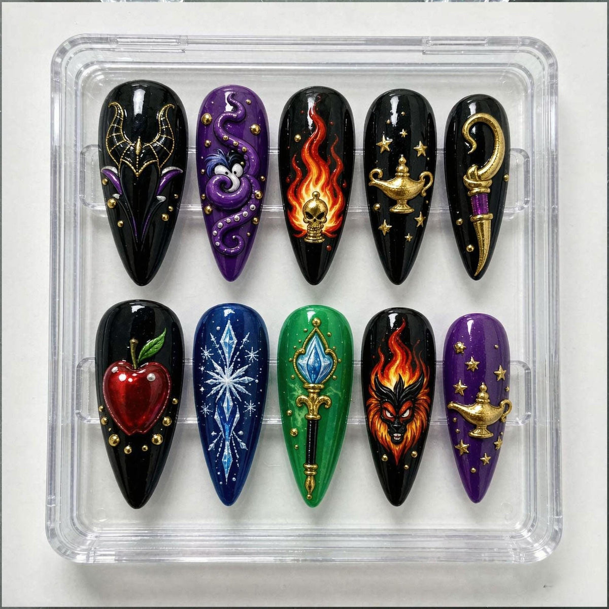 Gothic Fantasy Nails with Fiery Skulls, Wands, Flames, and Stars