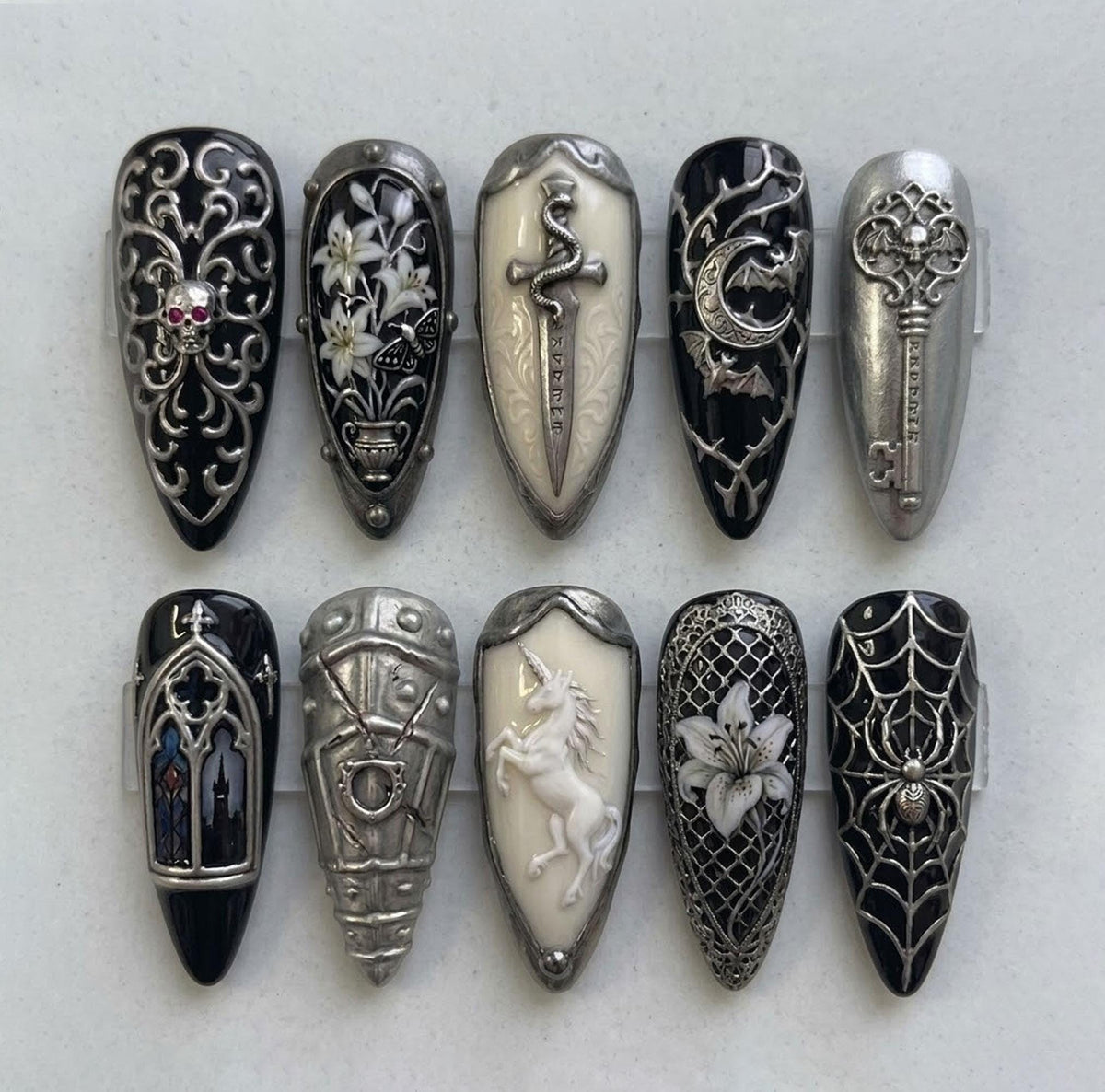 Gothic Fantasy Nails With Silver Filigree, Armor, Sword, Unicorn and Spiderweb Details