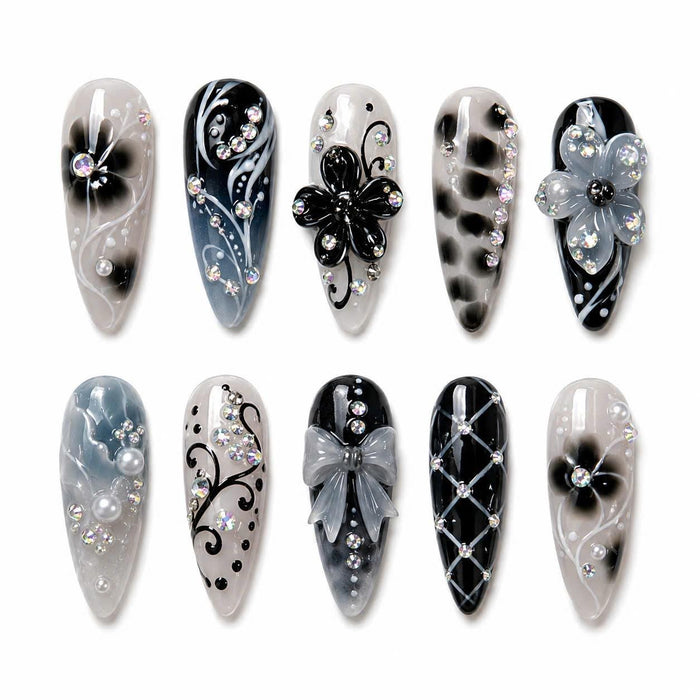 Gothic Floral Press On Nails With Rhinestones, Pearl Accents, and 3D Bow Details