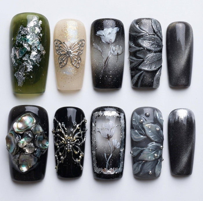 Gothic Forest Cat Eye Press On Nails With Silver Butterfly, Tulip Art and Sculpted Leaves