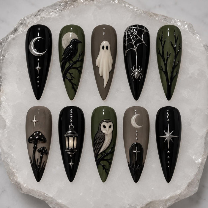 Gothic Forest Green and Black Press On Nails With Raven, Owl, Ghost, and Mushroom Art