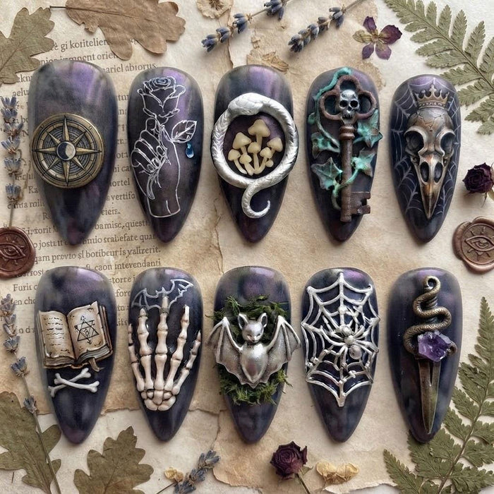 Gothic Forest Halloween Press On Nails With 3D Skull, Snake, Mushroom and Bat Details