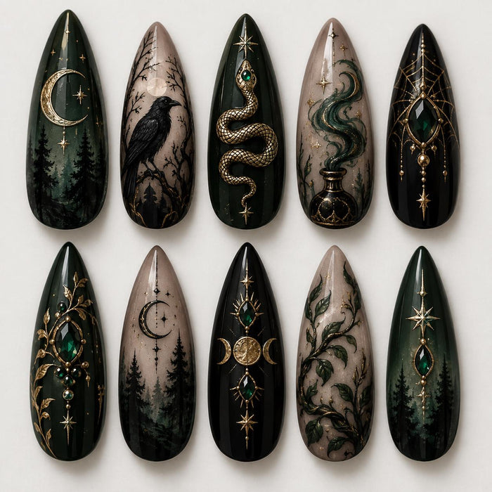 Gothic Forest Press On Nails with Raven, Snake and Gold Celestial Details