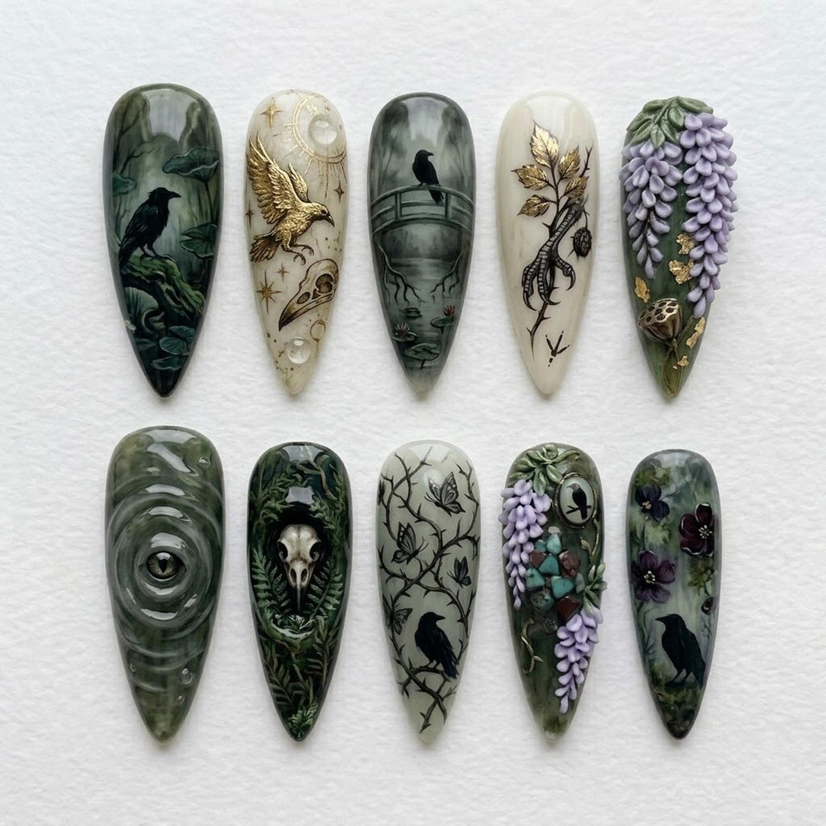 Gothic Forest Raven and Botanical Press-On Nail Set