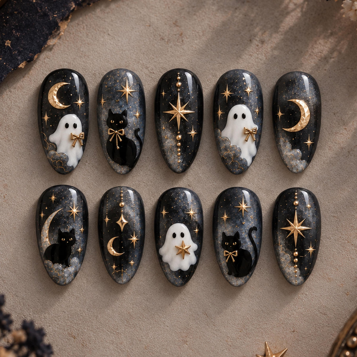 Gothic Ghost and Black Cat Halloween Celestial Press On Nails