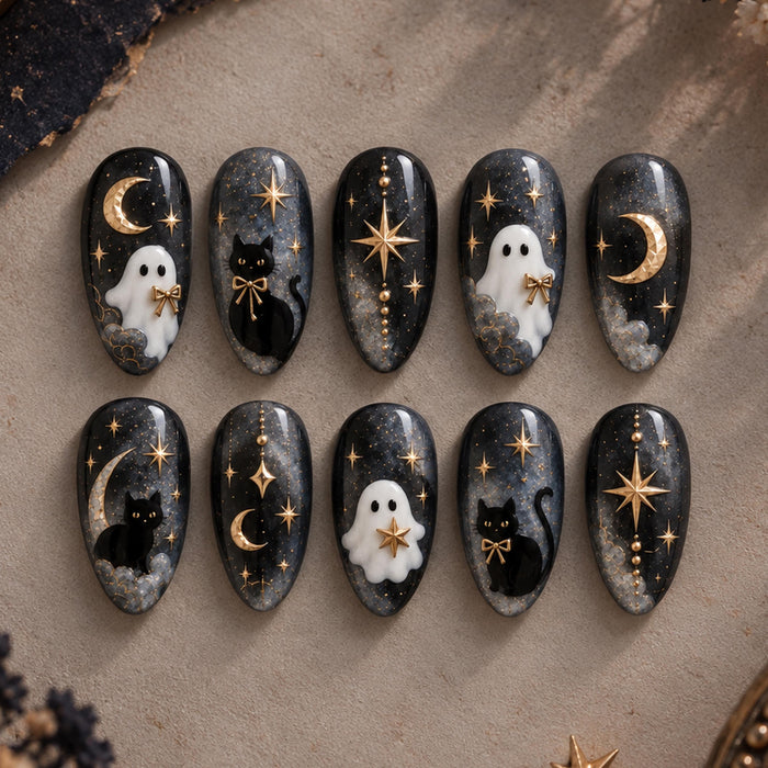 Gothic Ghost and Black Cat Halloween Celestial Press On Nails