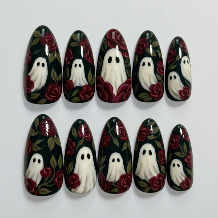 Gothic Ghost and Burgundy Rose Floral Press On Nail Set