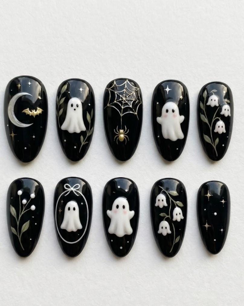 Gothic Ghost Halloween Press-On Nails with Celestial Details