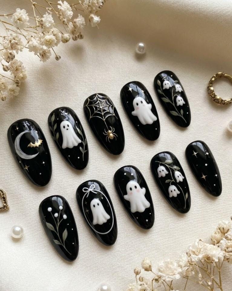 Gothic Ghost Halloween Press-On Nails with Celestial Details