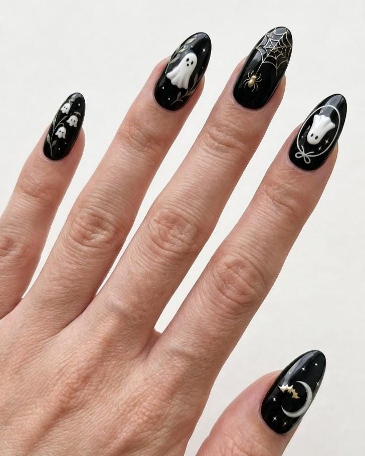 Gothic Ghost Halloween Press-On Nails with Celestial Details