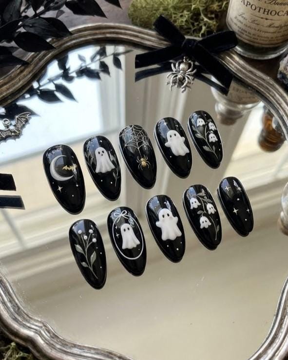 Gothic Ghost Halloween Press-On Nails with Celestial Details