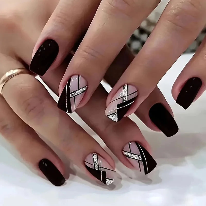 Gothic Glossy Black and Pink Nude Geometric Press On Nails with Silver Glitter