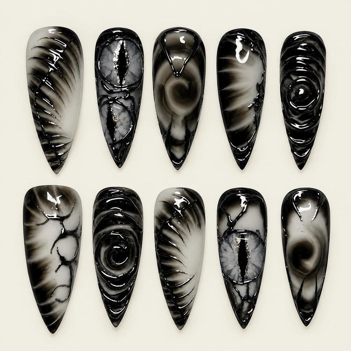 Gothic Glossy Black and Smoky Gray 3D Marbled Press-On Nail Set