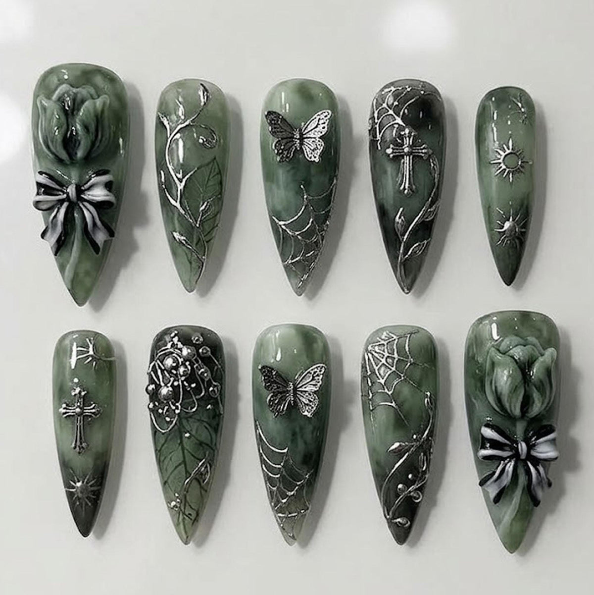 Gothic Green Marble Press On Nails With 3D Roses, Bows, Butterflies & Crosses