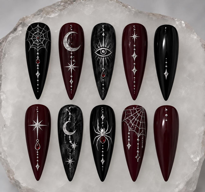 Gothic Halloween Black and Burgundy Spiderweb Celestial Press On Nails