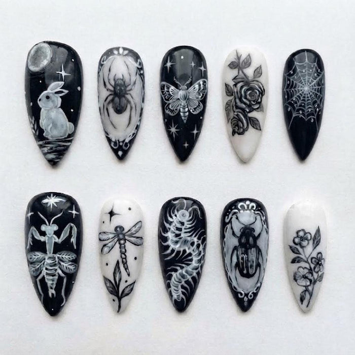 Gothic Halloween Black and Gray Celestial Insect and Floral Press On Nail Set