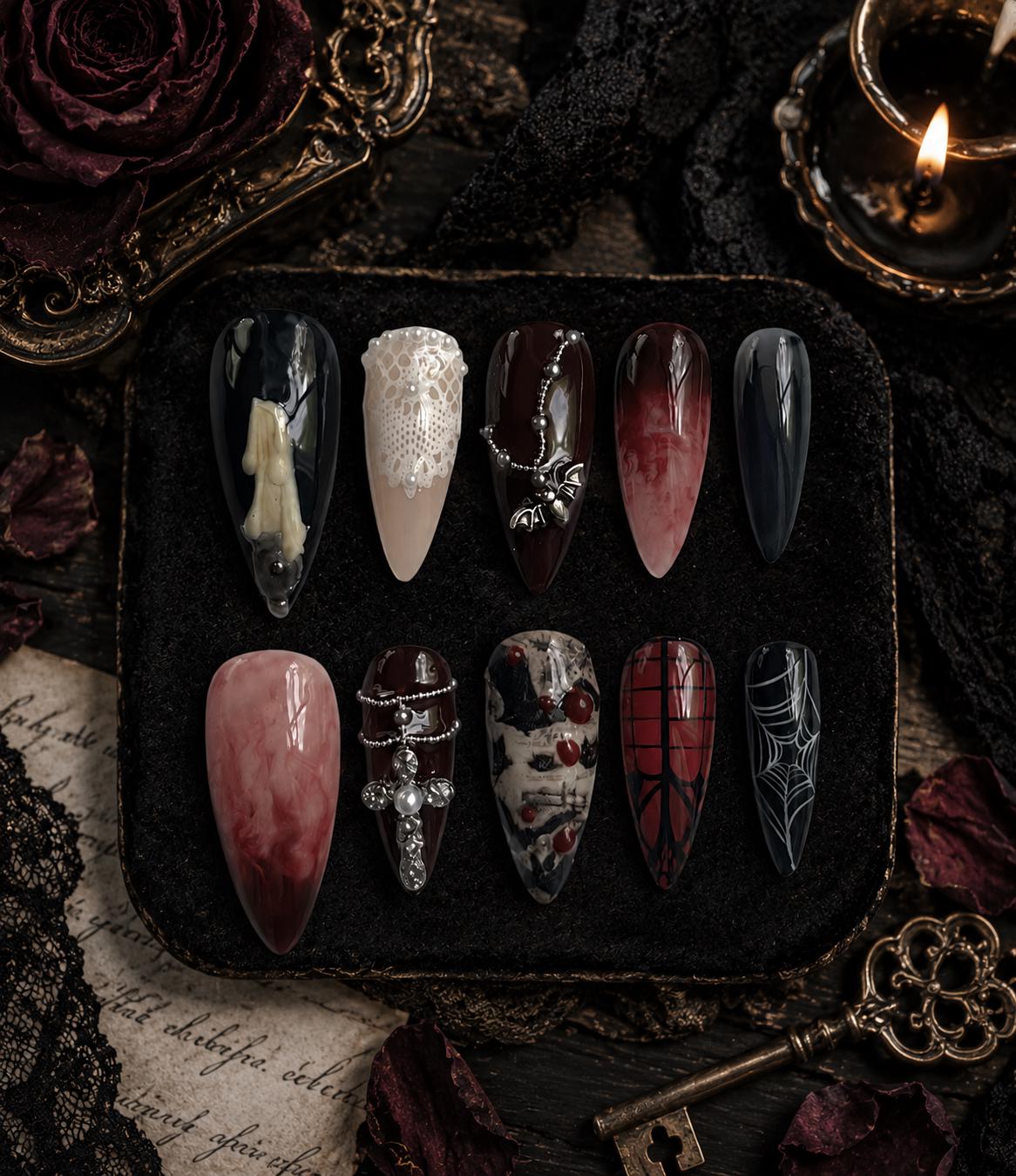 Gothic Halloween Burgundy and Black Nail Set With Lace, Chains and Spiderwebs