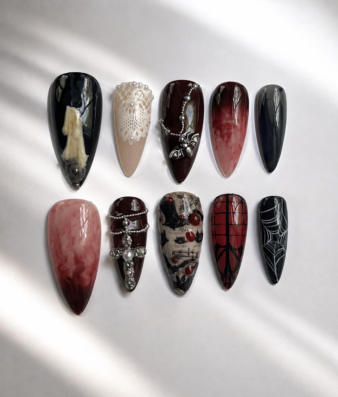 Gothic Halloween Burgundy and Black Nail Set With Lace, Chains and Spiderwebs