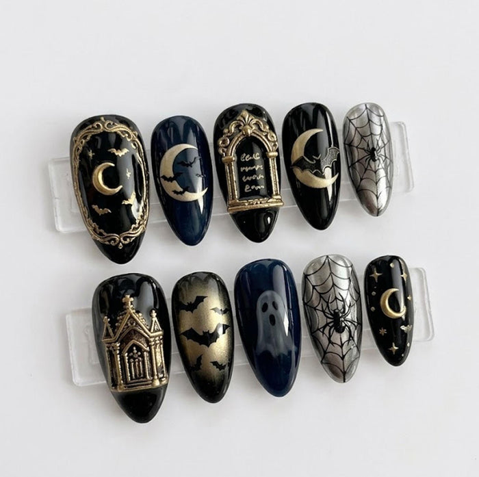 Gothic Halloween Celestial Press On Nails with Gold Moons, Bats and Silver Spiderwebs