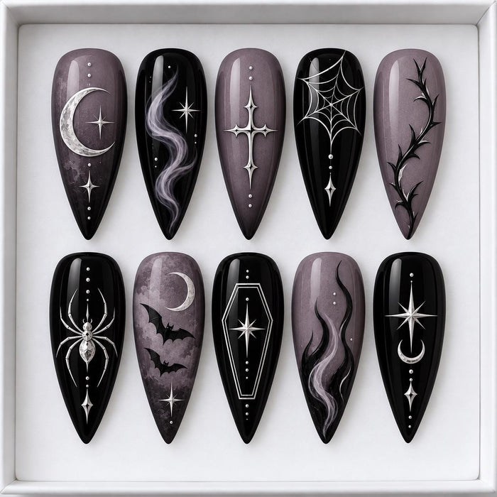 Gothic Halloween Crescent Moon and Celestial Press On Nails in Black and Mauve Gray