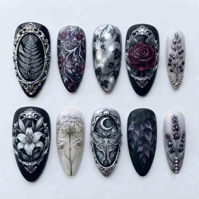 Gothic Halloween Fern, Moth and Burgundy Rose Press On Nail Set With Silver Baroque Details
