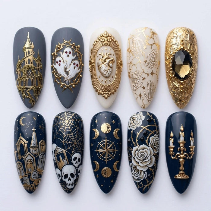 Gothic Halloween Ghost, Castle and Anatomical Heart Press On Nails with Ornate Gold Details