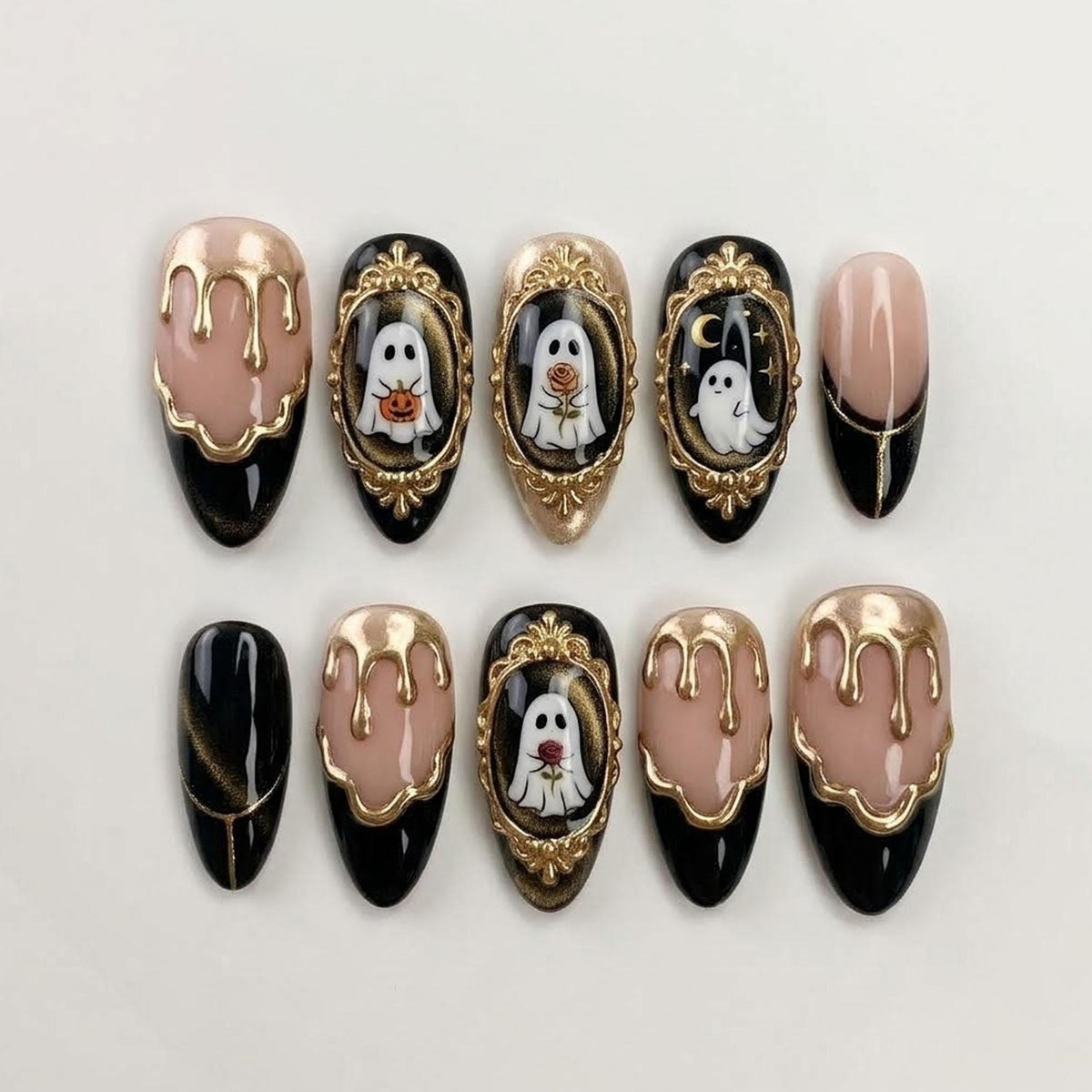 Gothic Halloween Ghost Nail Set With Black, Nude and Gold Details
