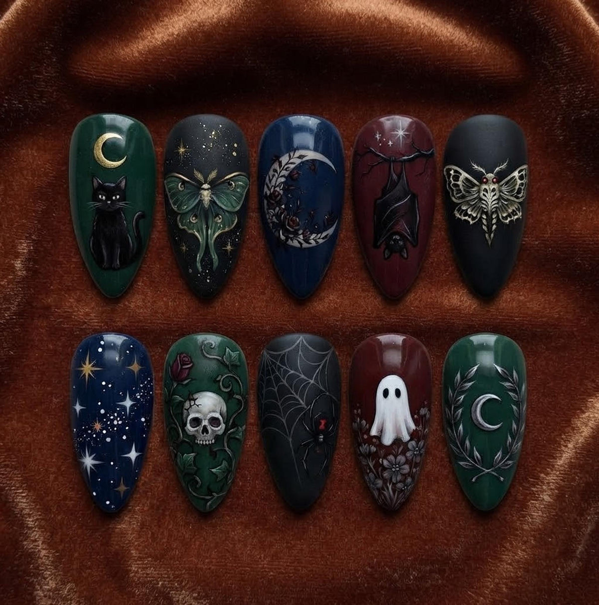 Gothic Halloween Nail Set With Black Cat, Moths, Skull, Ghost, Moons and Stars