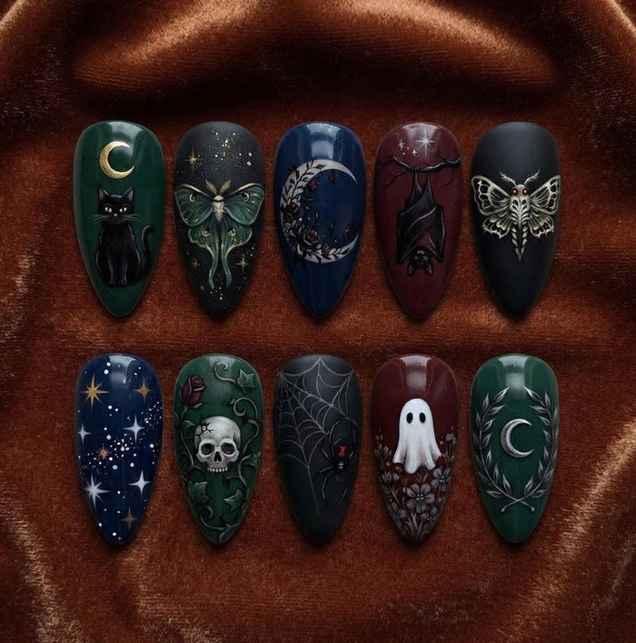 Gothic Halloween Press On Nail Set With Black Cat, Moths, Skull, Ghost, Moons and Stars